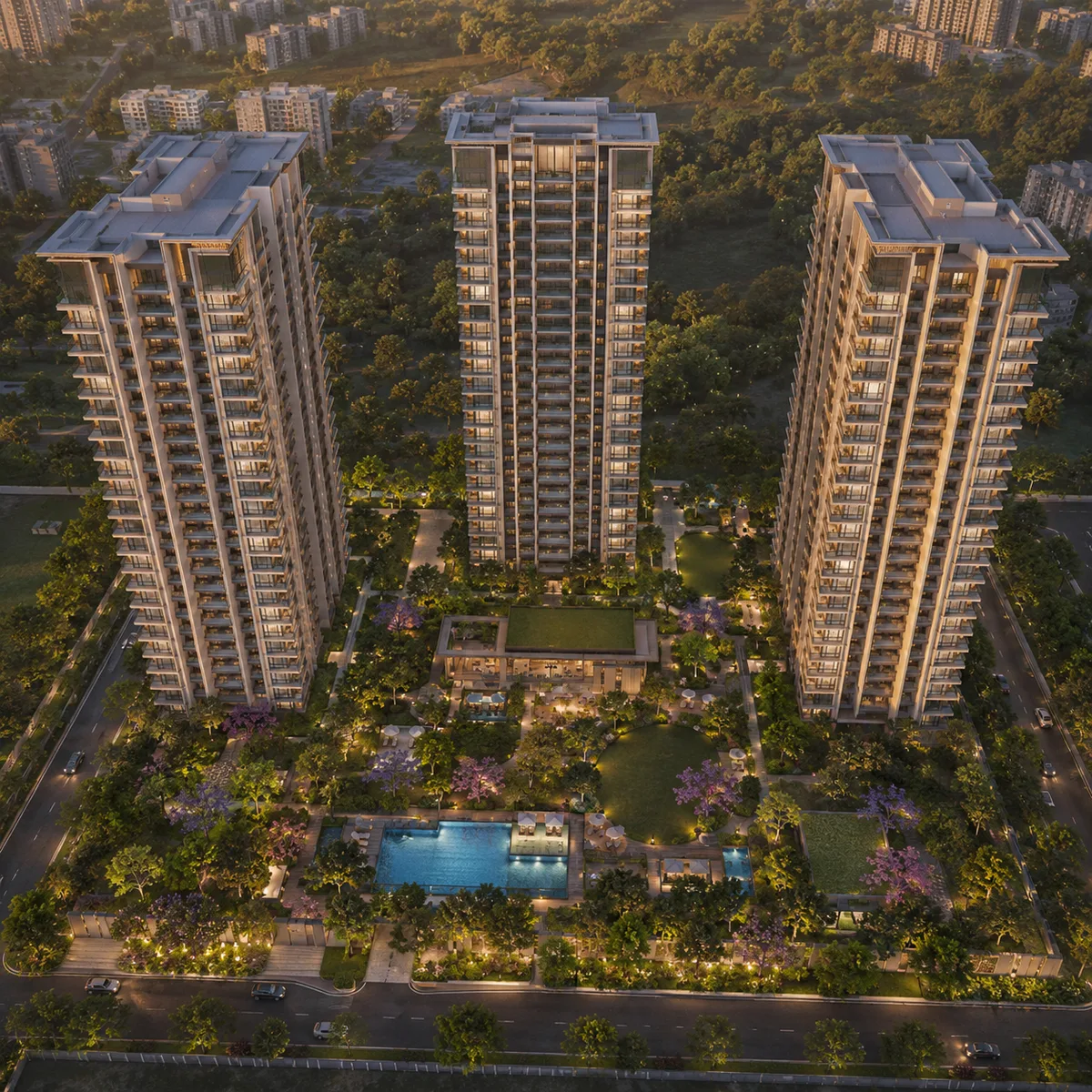 Aerial campus view of DivyaSree Yelahanka with the central green in Yelahanka, North Bengaluru