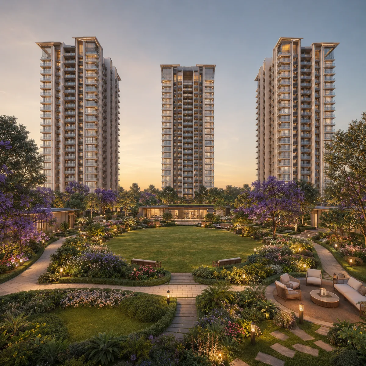 Landscaped gardens and central green at DivyaSree Yelahanka in Yelahanka, North Bengaluru