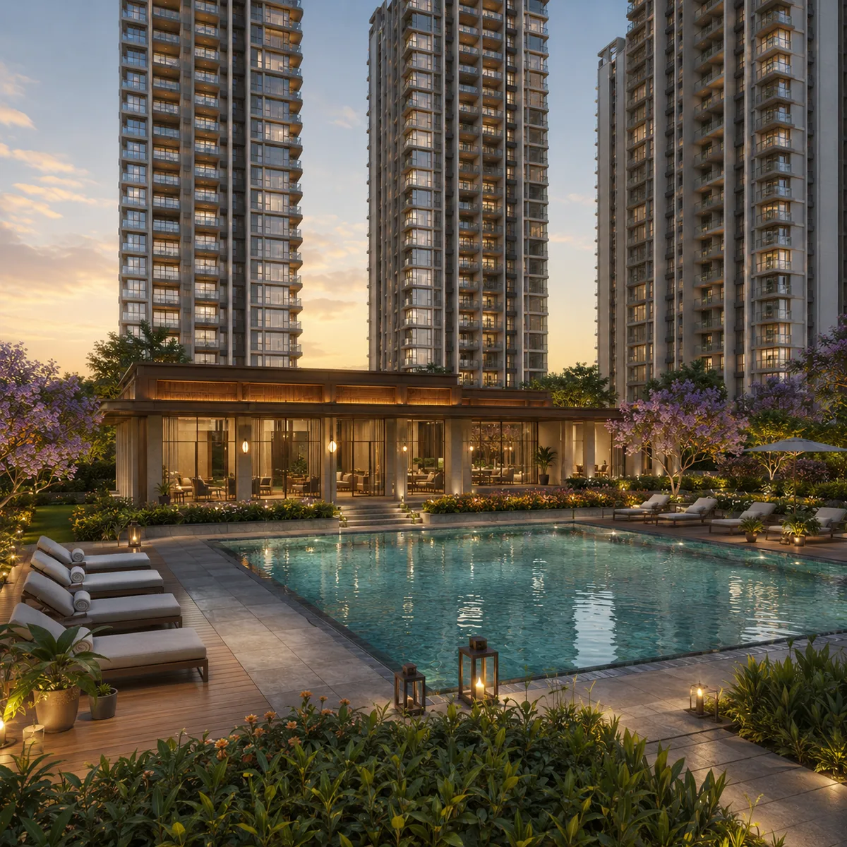Swimming pool and deck at DivyaSree Yelahanka in Yelahanka, North Bengaluru