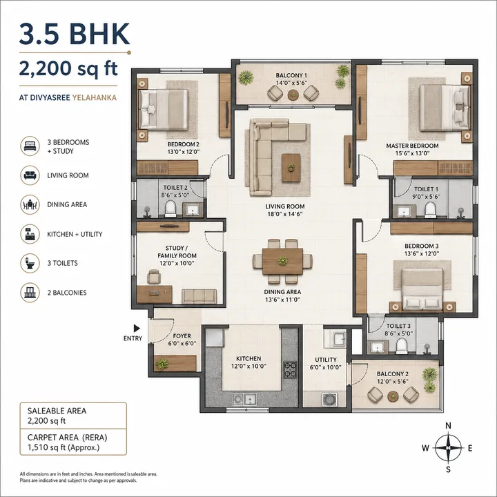 3.5 BHK 2200 sq ft floor plan at DivyaSree Yelahanka