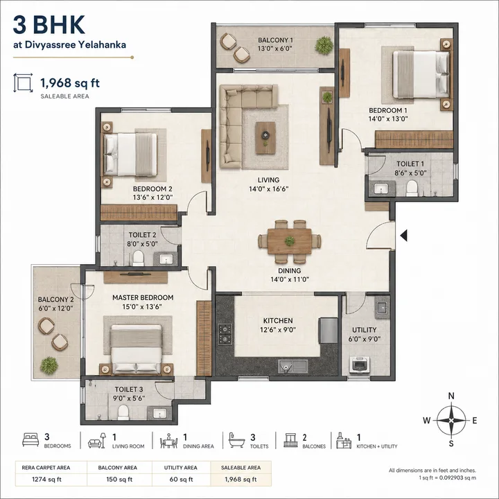 3 BHK 1968 sq ft floor plan at DivyaSree Yelahanka