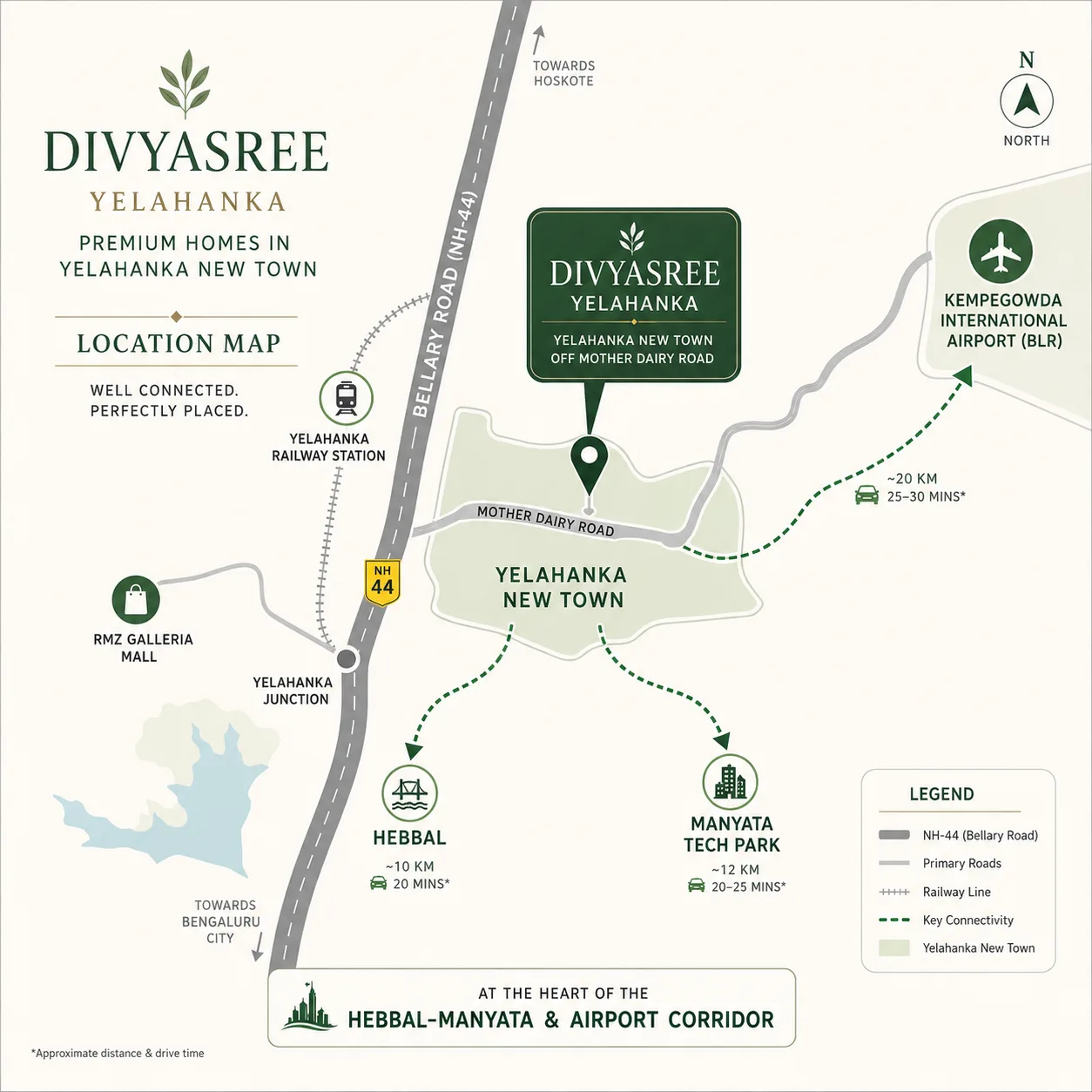 DivyaSree Yelahanka location map showing access to Bellary Road (NH-44), Kempegowda International Airport, the Hebbal-Manyata belt and the proposed Yelahanka metro
