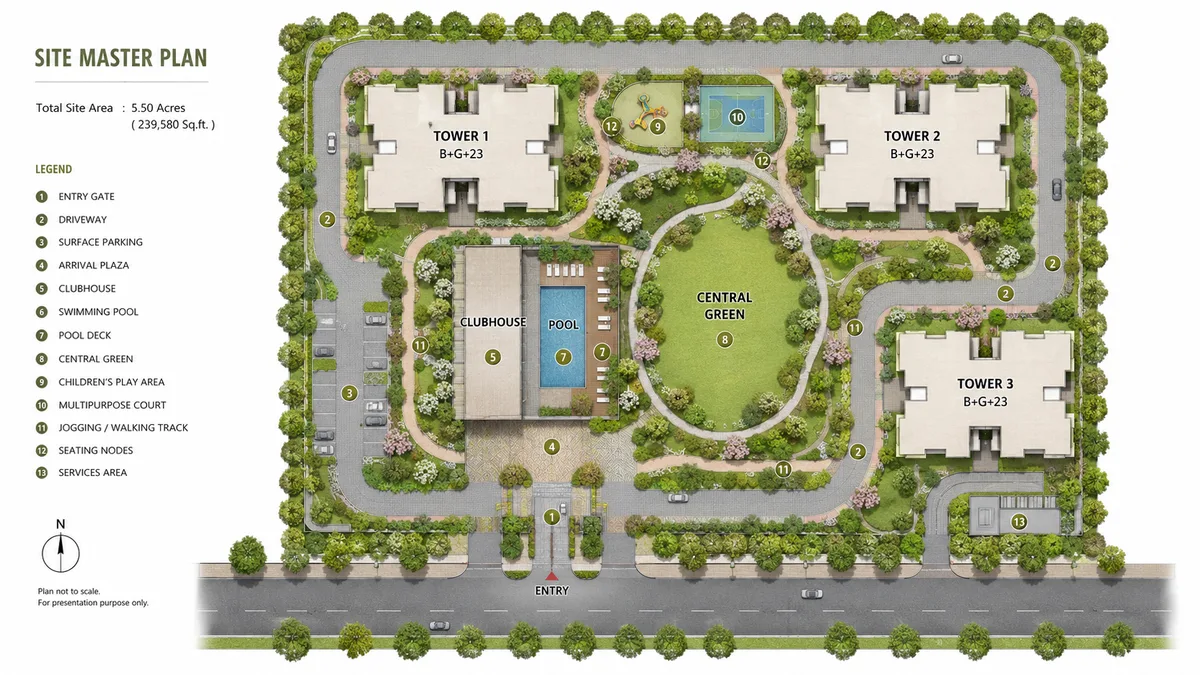 DivyaSree Yelahanka master plan diagram showing the three towers, central green and clubhouse on the 5.5-acre Yelahanka parcel